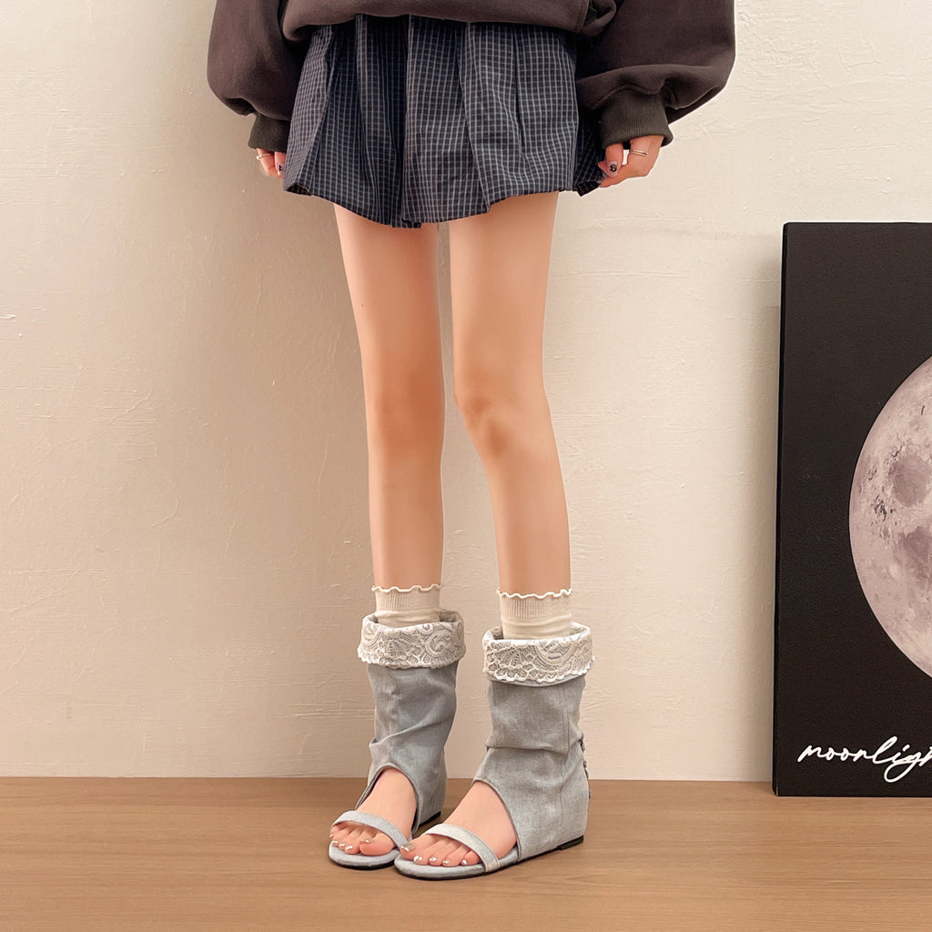 Women's Washed Denim Slouch Open Long Boots