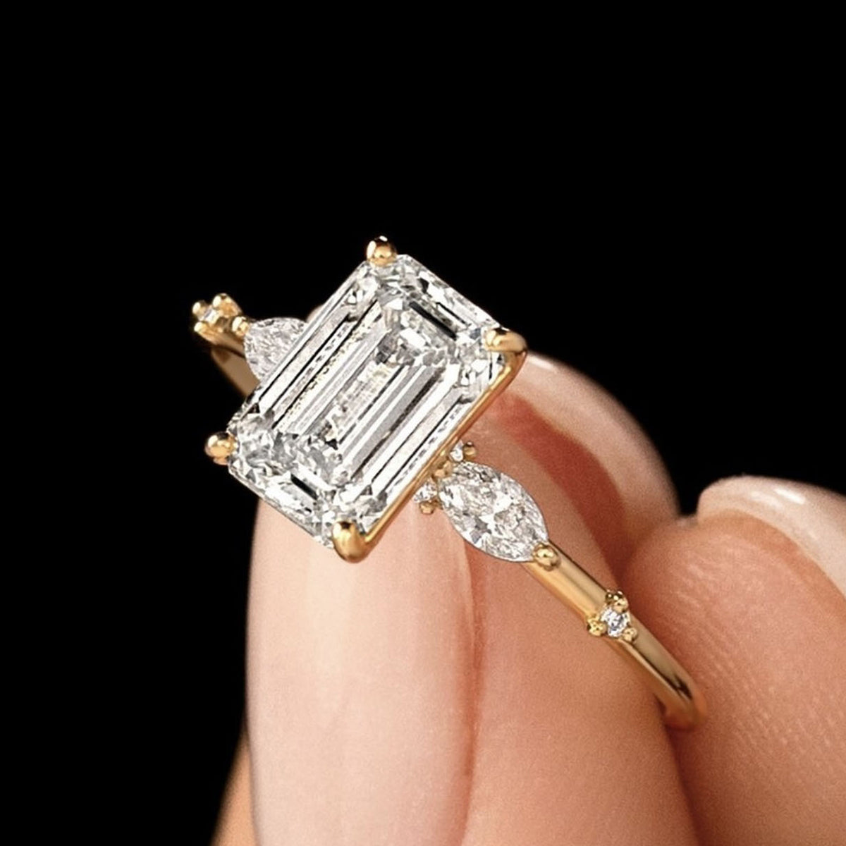 S925 Argent plaqué or 3.5ct Émeraude coupé Moissanite anneau 7x10mm D Couleur VVS1 Marquise Acc