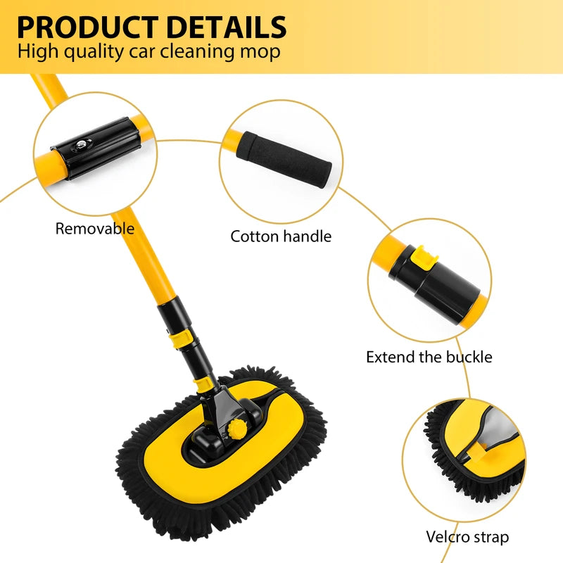 Car Wash Brush 15 Degree Adjustable Long Handle with 2 Microfiber Heads