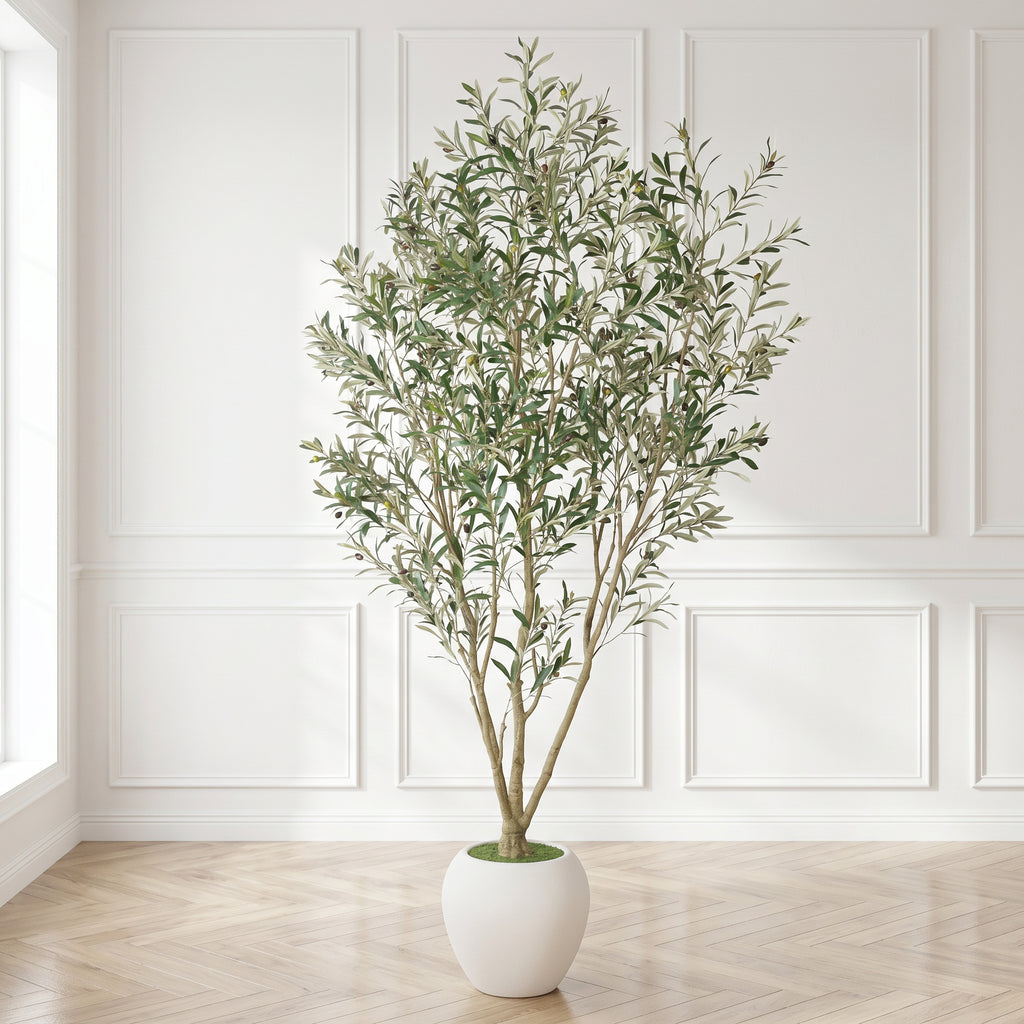 8FT Arbre d'olivier artificiel avec grand planteur blanc décoratif