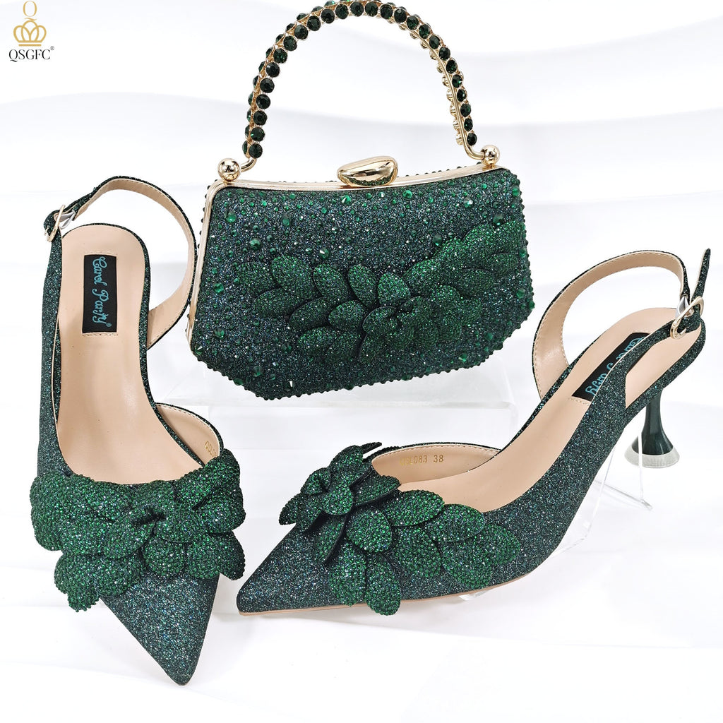 Ladies Party Chaussures Sac Set main feuille décoratif vin talon