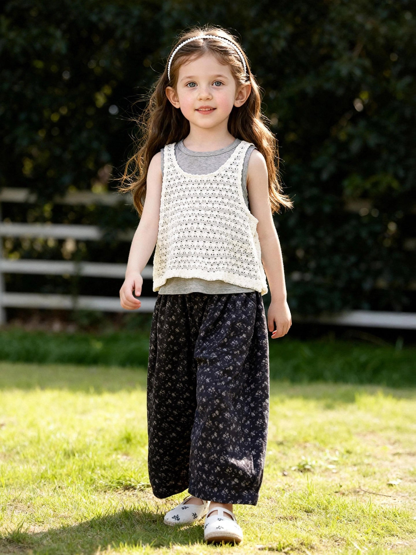 Veste tricotée de style Mori et Pantalon Floral à jambes larges Ensemble de deux pièces