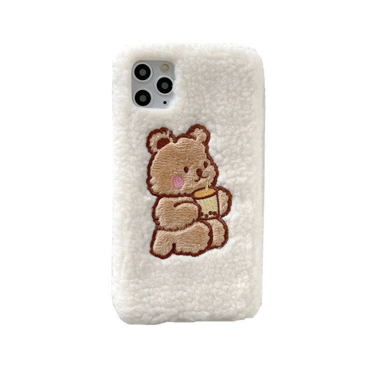 Téléphone mobile coque mignon dessin animé ours laine d'agneau velours broderie