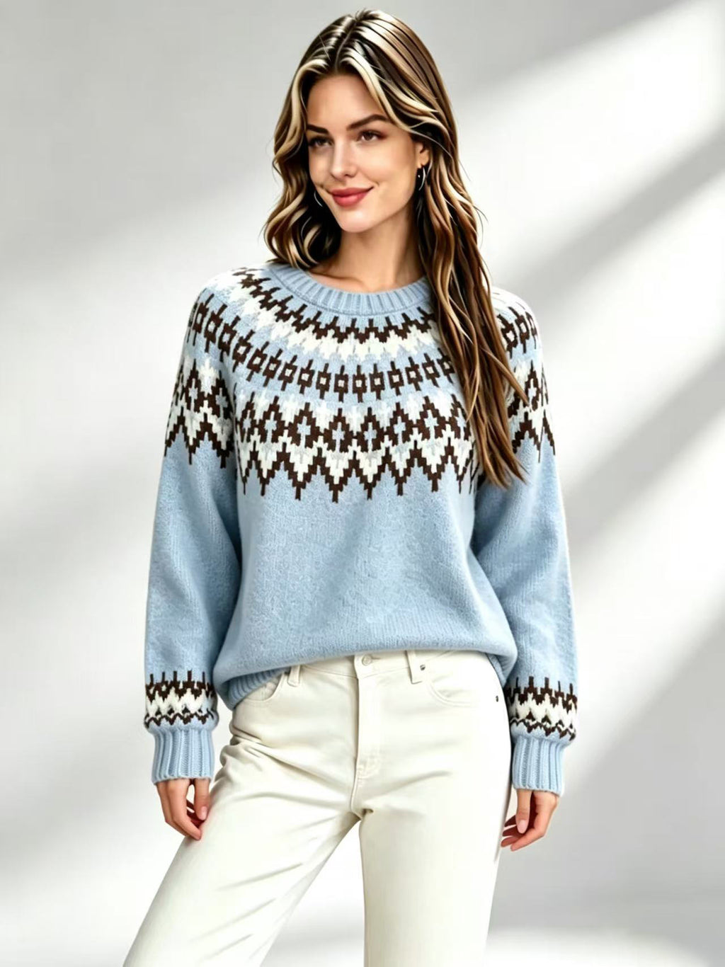 Femmes Retro Fair-Isle Knit Crew-Neck Sweater