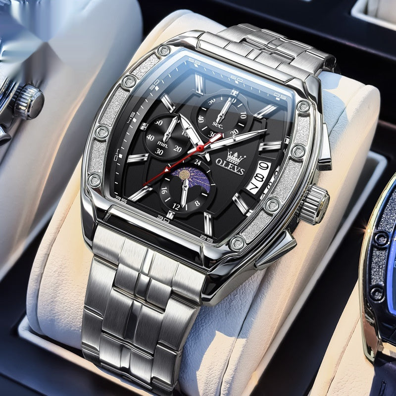 Ceinture en acier Tonneau Quartz Montres Lumineuses Hommes