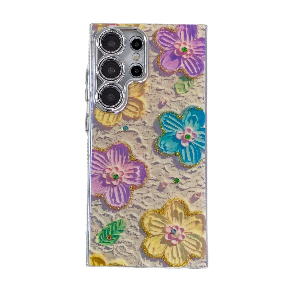 Peinture à l'huile de strass de luxe Flower Phone Case Lens Fine Hole Tout Inclus
