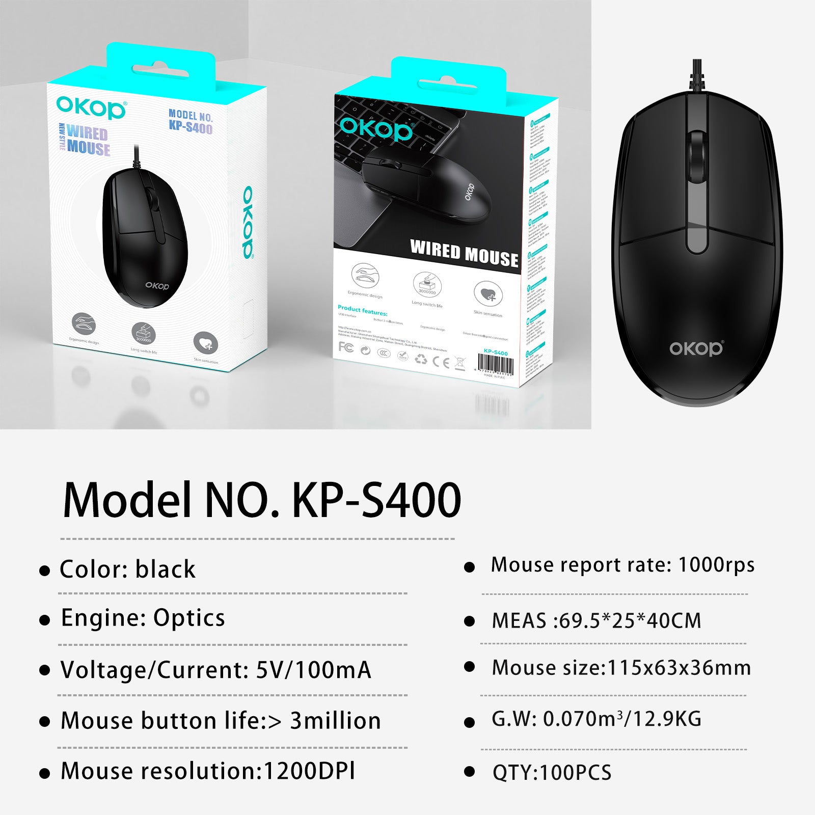 KP-S400 Meilleures ventes de souris optique filaire pour PC de bureau Ordinateurs portables Bureau Business