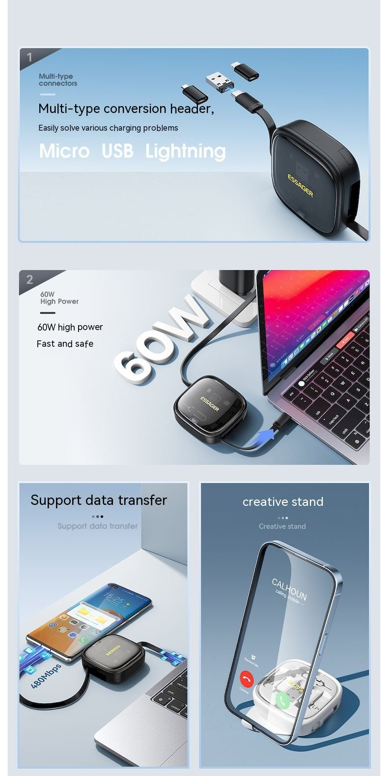 Data Cable Flexible Wire Storage 60W charge rapide Multi-fonction Mobile Téléphone Charger In