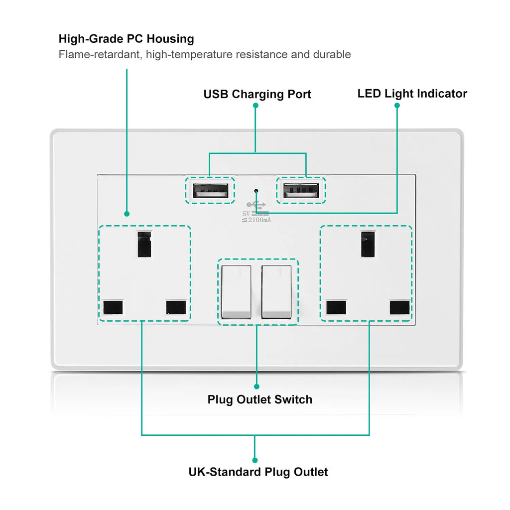 UK Wall Outlet Dual Wall Plug Socket Duplex 2.1A Chargeur mural USB avec éclairage de commutateur de prise I
