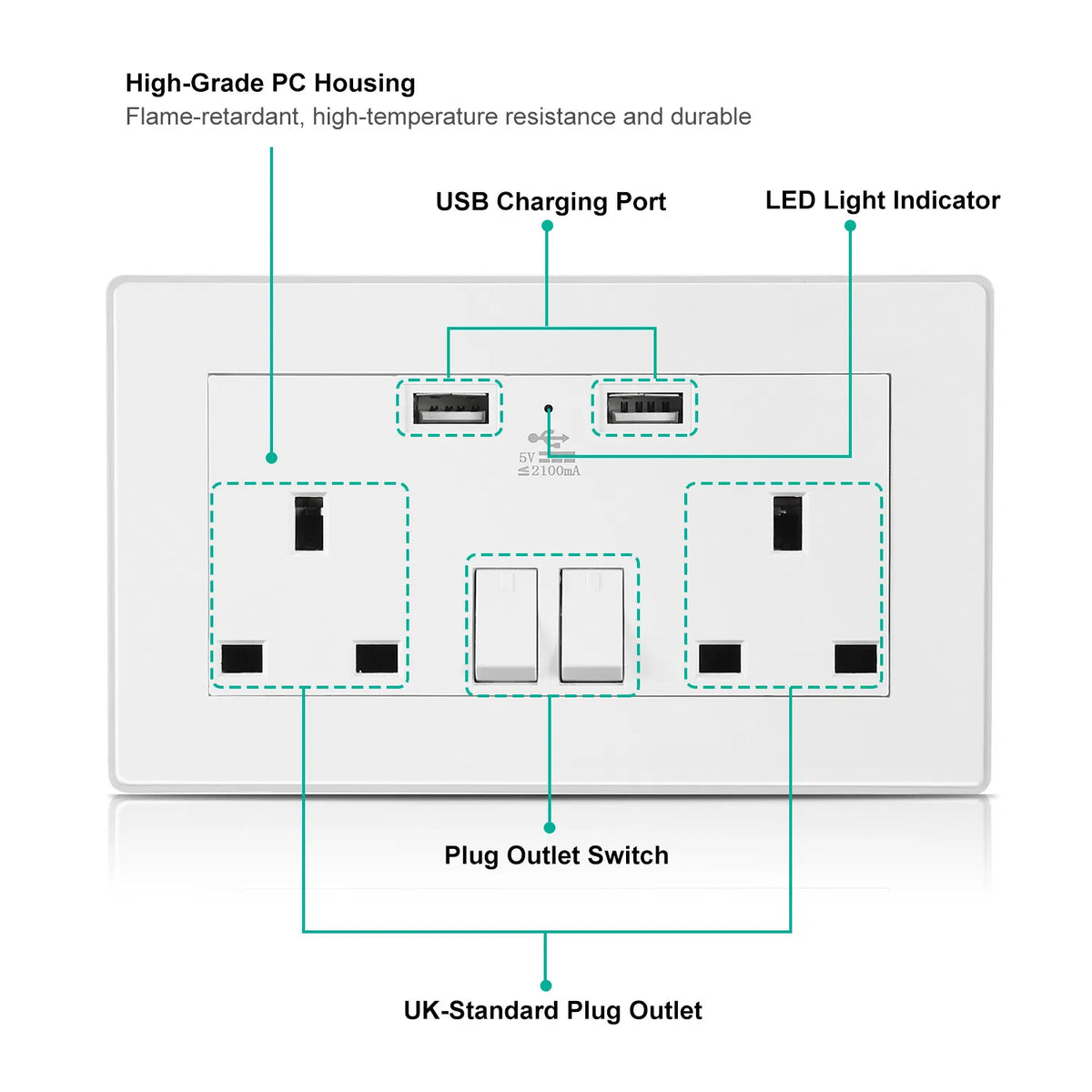 UK Wall Outlet Dual Wall Plug Socket Duplex 2.1A Chargeur mural USB avec éclairage de commutateur de prise I