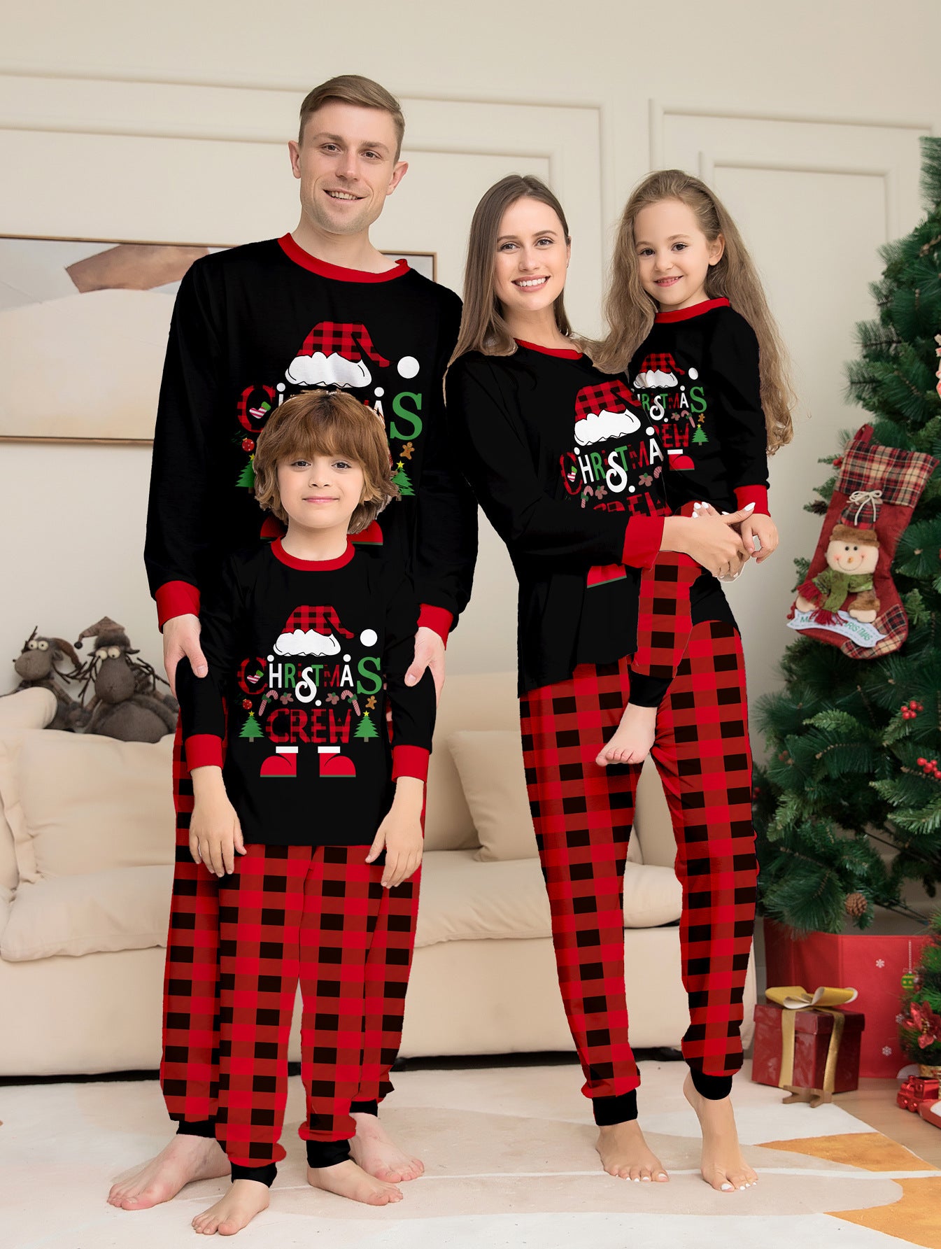 Chapeau de Noël Lettres de dessins animés Plaid rouge et noir imprimé costume de Noël