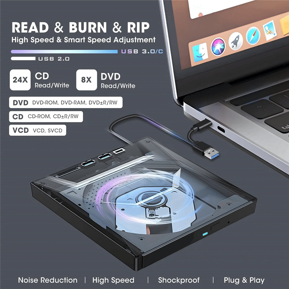 Disque externe CD DVD USB 3.0 Writer Burner Player Pour PC Ordinateur portable Windows 11 10