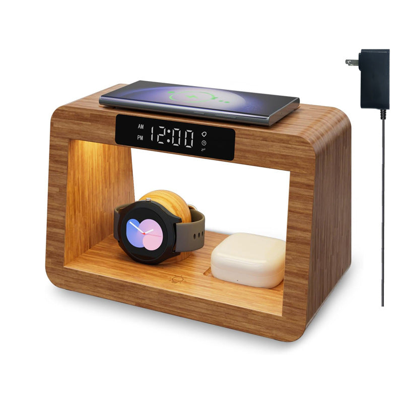 Chargeur multifonctionnel de lampe de table Bamboo réveil sans fil