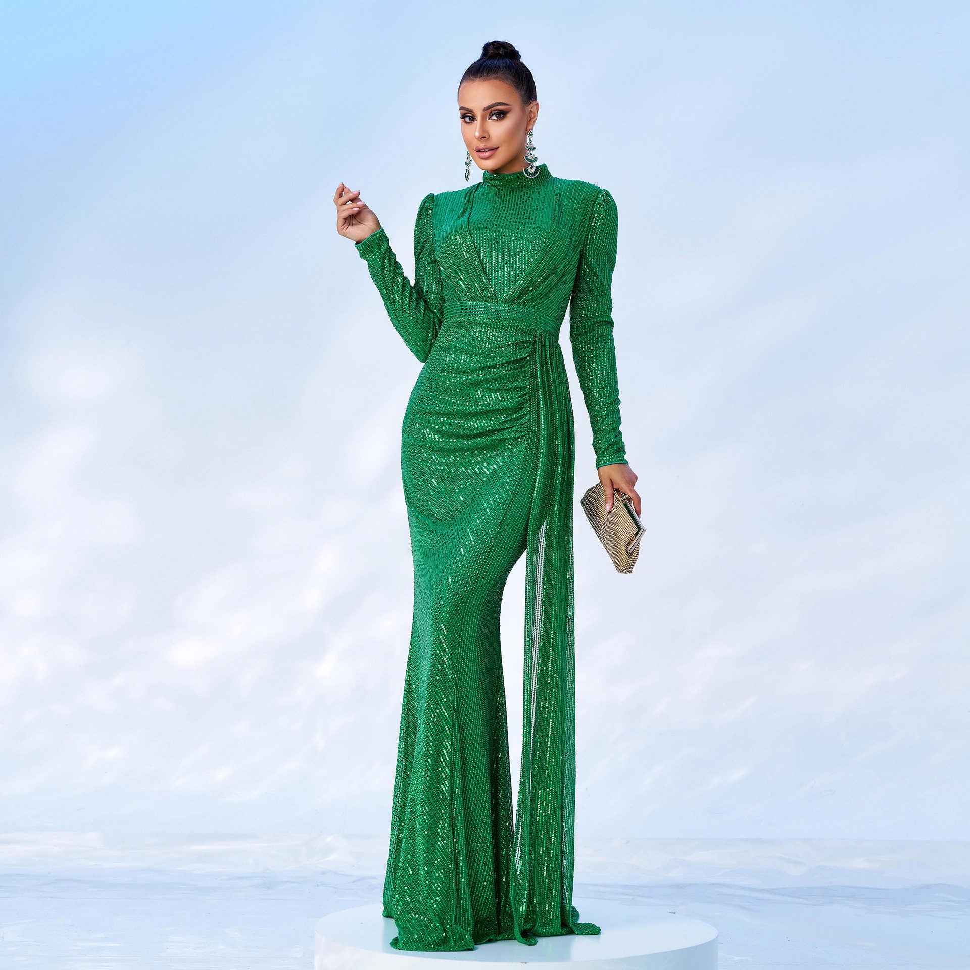 Manches longues Col rond Sexy Slim Robe de banquet longue pailletée