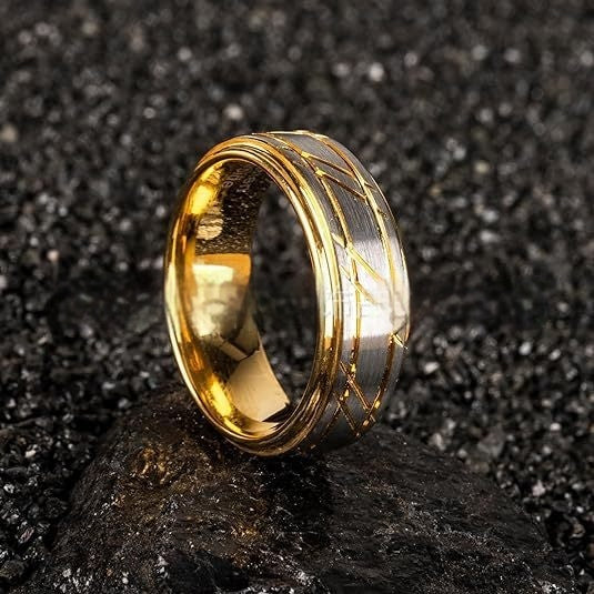 Men's Yellow Gold 8mm Simple Polished Twill Tungsten Ring
