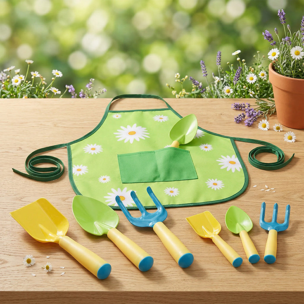 Ensemble d'outils de jardin 3 pièces en jaune avec Tablier Floral - Accessoires pratiques de jardin