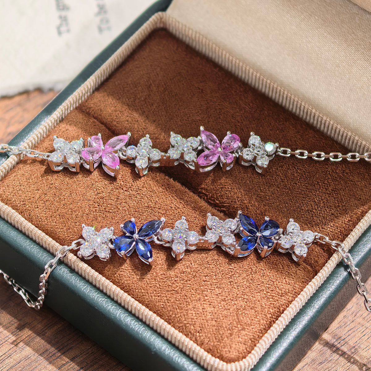 S925 Argent Sterling Lab-Grown Gemme Bracelet papillon 16cm Bleu P Encre Moissanite Plat