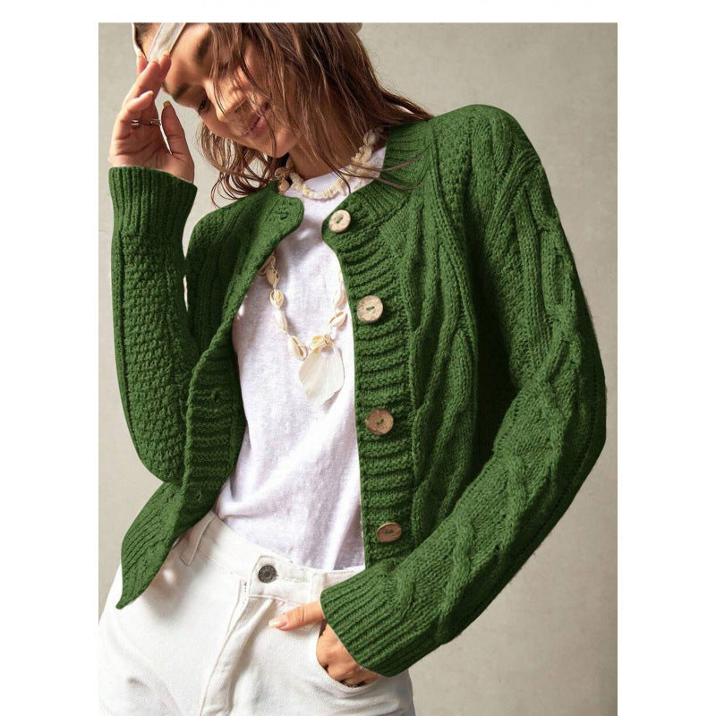 Cable-knit Cardigan Femmes Col d'équipage Veste de sweater courte