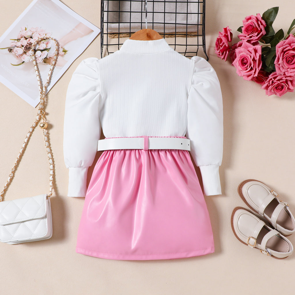 Petites filles Puff-Sleeve Top Solid-Color PU jupe et ceinture