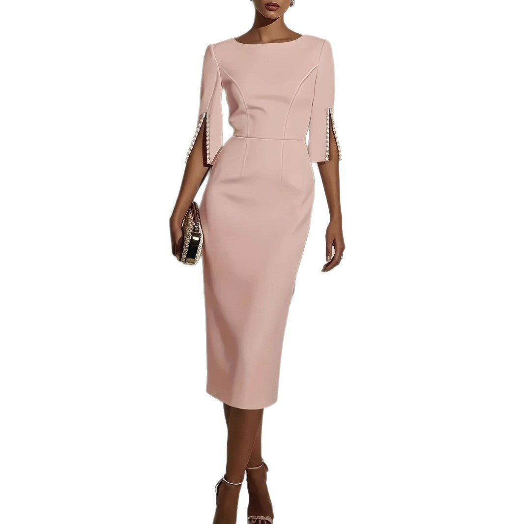 European And American Amazon Printemps Et Été Pure Couleur Vêtements de travail Perlé Slim Elegan