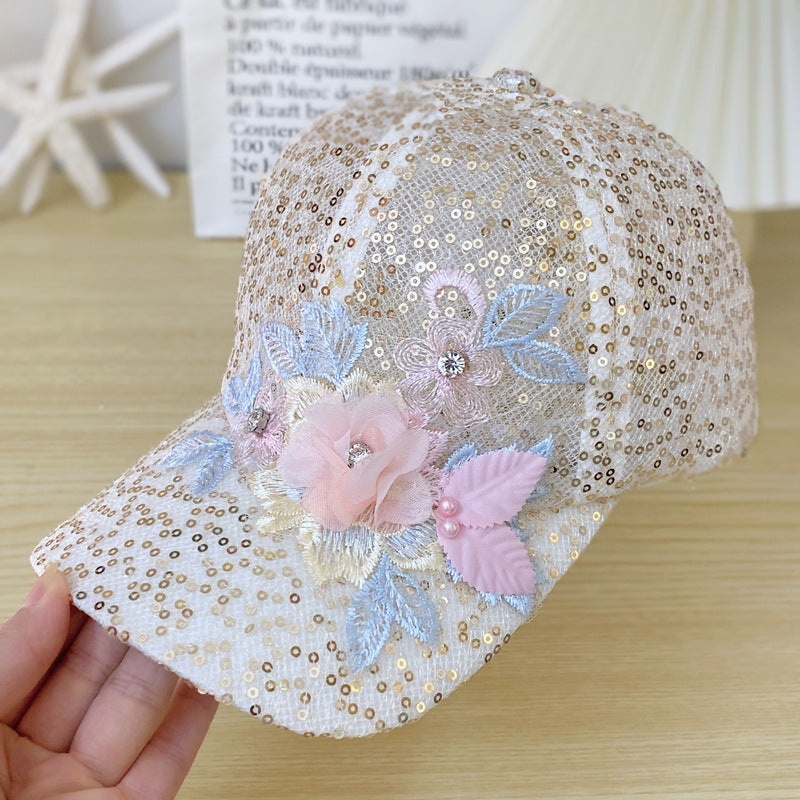 Casquette de baseball pour femmes Mesh Sequin avec décoration florale tridimensionnelle exquise