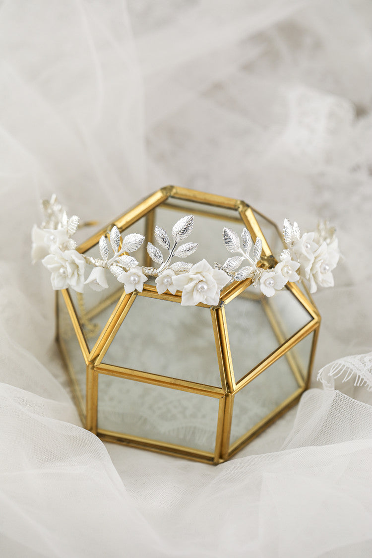 Bande de cheveux Gold Leaf Silver Leaf White Flower Accessoires de cheveux en céramique