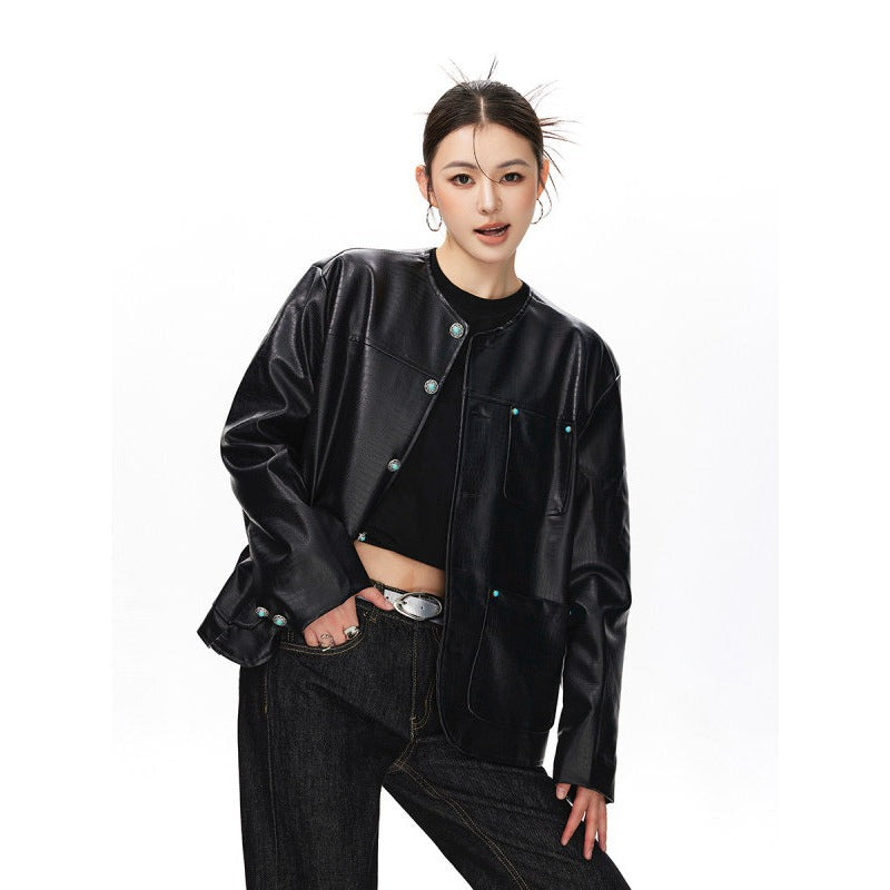 Veste en cuir sans collier pour femmes