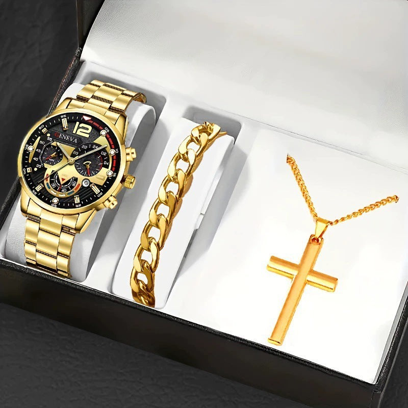 Men's Bracelet Cross Necklace and Watch Set