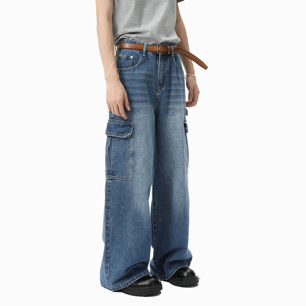 Pantalon de travail occasionnel à jambe large blanchie Multi-pochette droite
