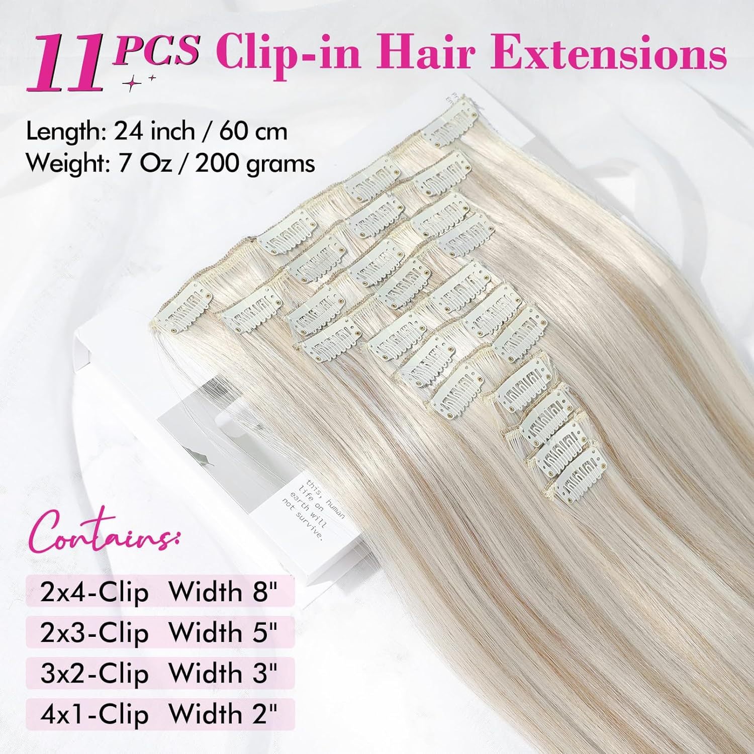 11-pièces 24-pouces Long droit Extension cheveux Pièces de perruque noire
