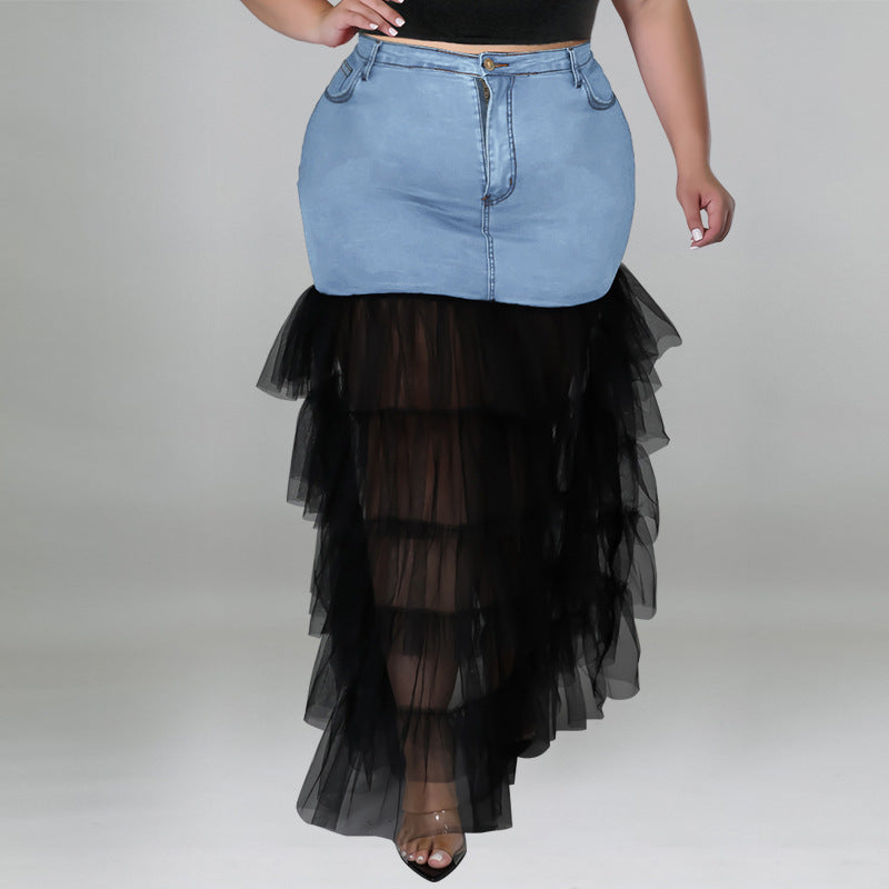 218187 L'Europe et les États-Unis Grande taille Laver les femmes Denim Mesh Sexy Jupe Amazon