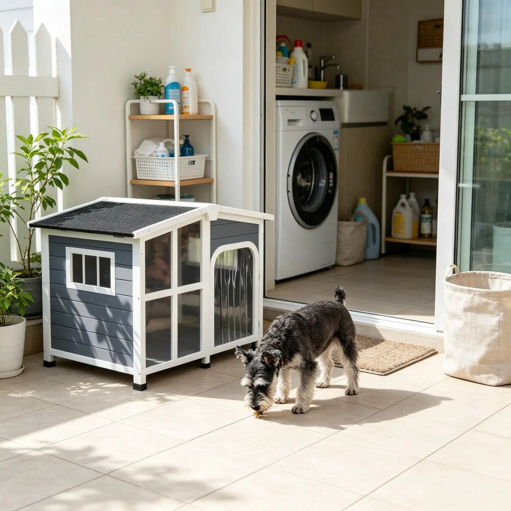 Grand abri pour animaux de compagnie en bois de style chalet avec toit ouvrant et fenêtre géante gris