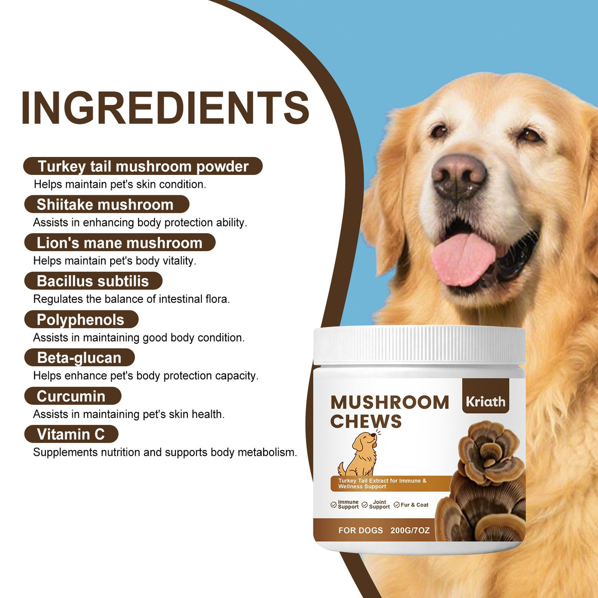 Kriath Mushroom Comprimés à croquer pour chiens - Formule légère pour les soins quotidiens et le Ba nutritionnel