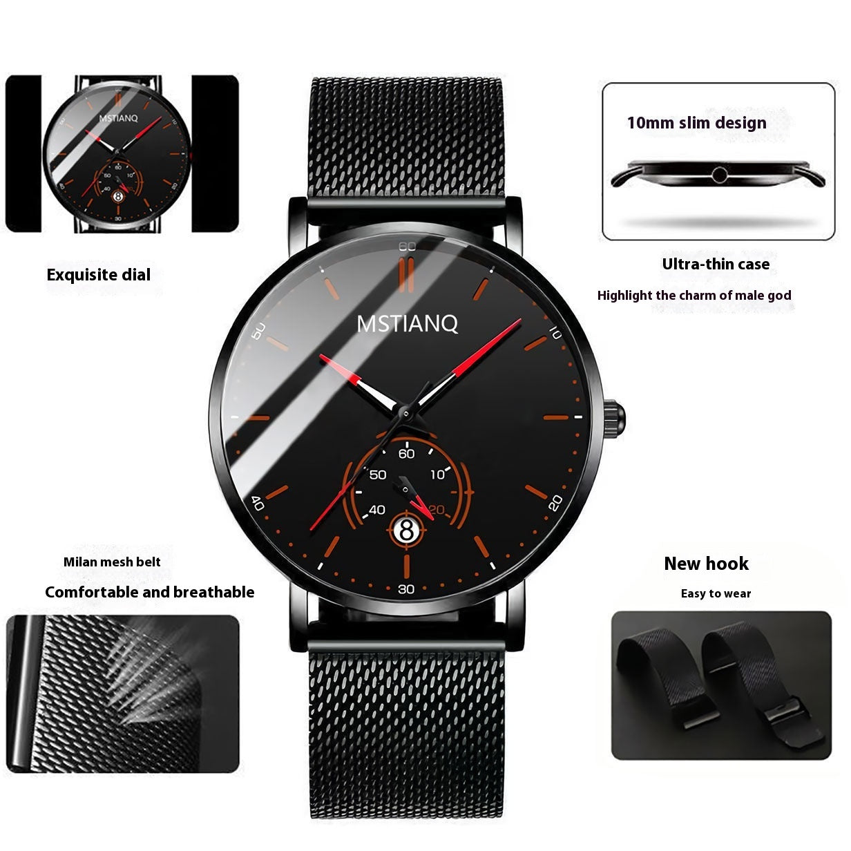 Trade Watch Stylish Black Technology Ceinture en acier raffiné calendrier casual coréen
