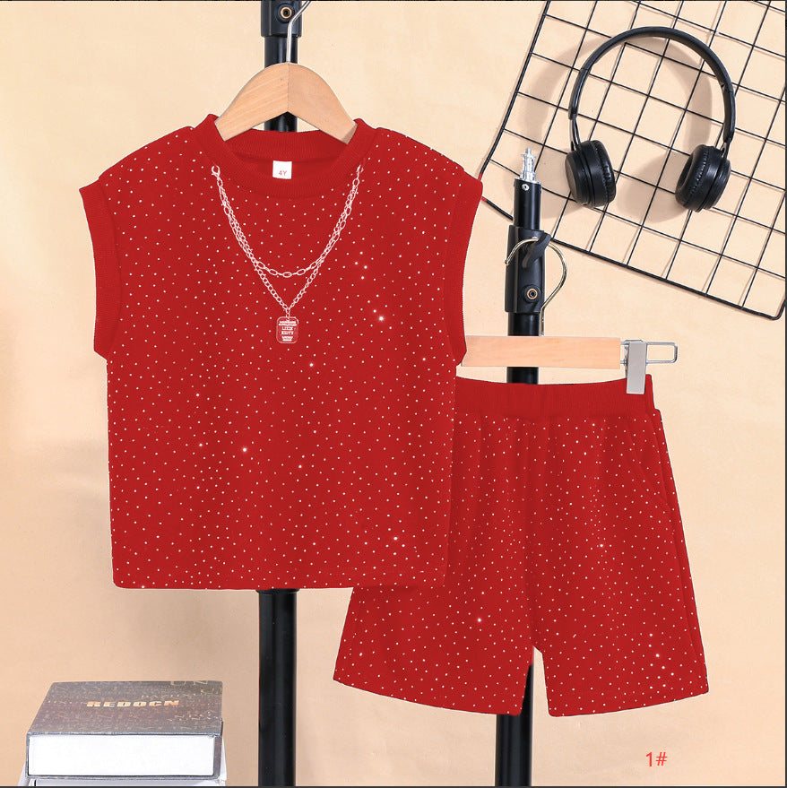 Été tendance Veste sans manches Garçons' Outfit with Starry Sky and Sparkling Strass