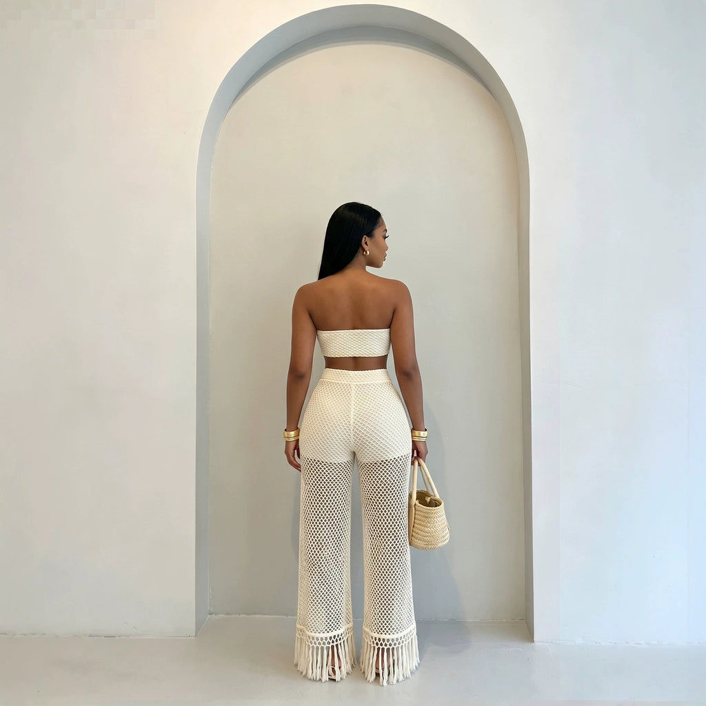 Fashionable femmes Voir-through Hollowed-Out Pantalons et tricoted tube Top Set