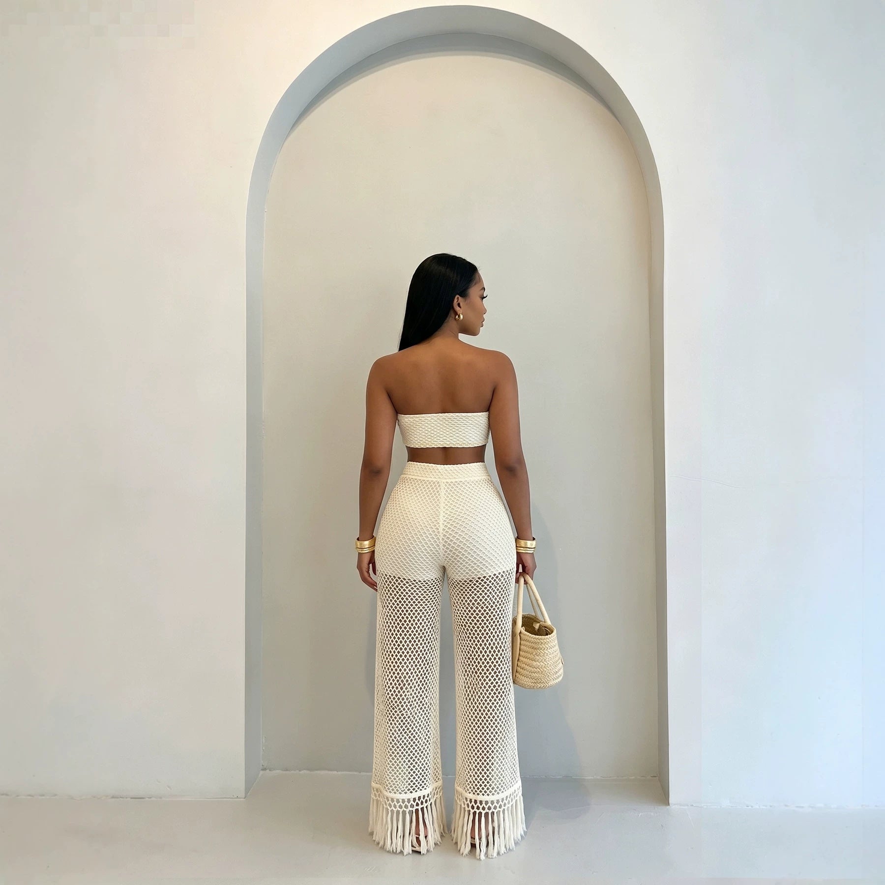 Fashionable femmes Voir-through Hollowed-Out Pantalons et tricoted tube Top Set