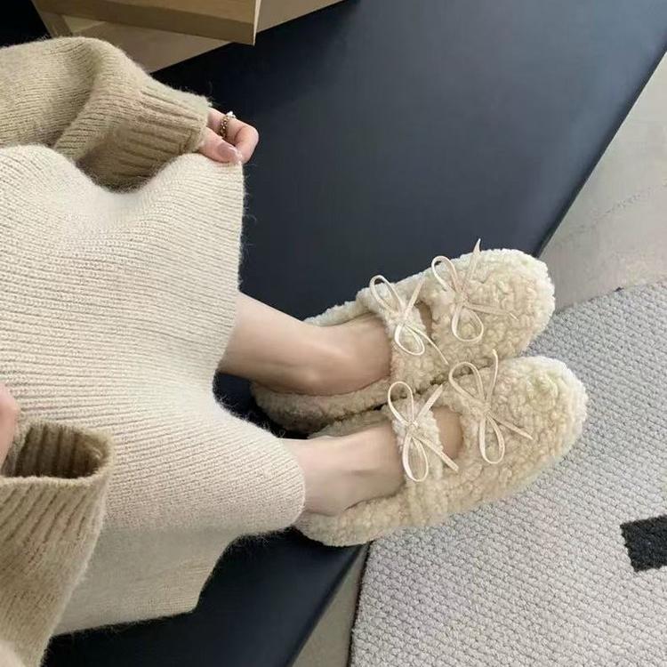 Chaussures Femmes Français Mary Jane avec Chaussures de Haricot Fluffy et Chaussures Solaires Plats