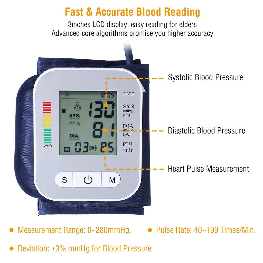 1Pc Digital Arm Blood Pressure Monitor LCD Digital Heart Beat BP Test de santé avec Vo