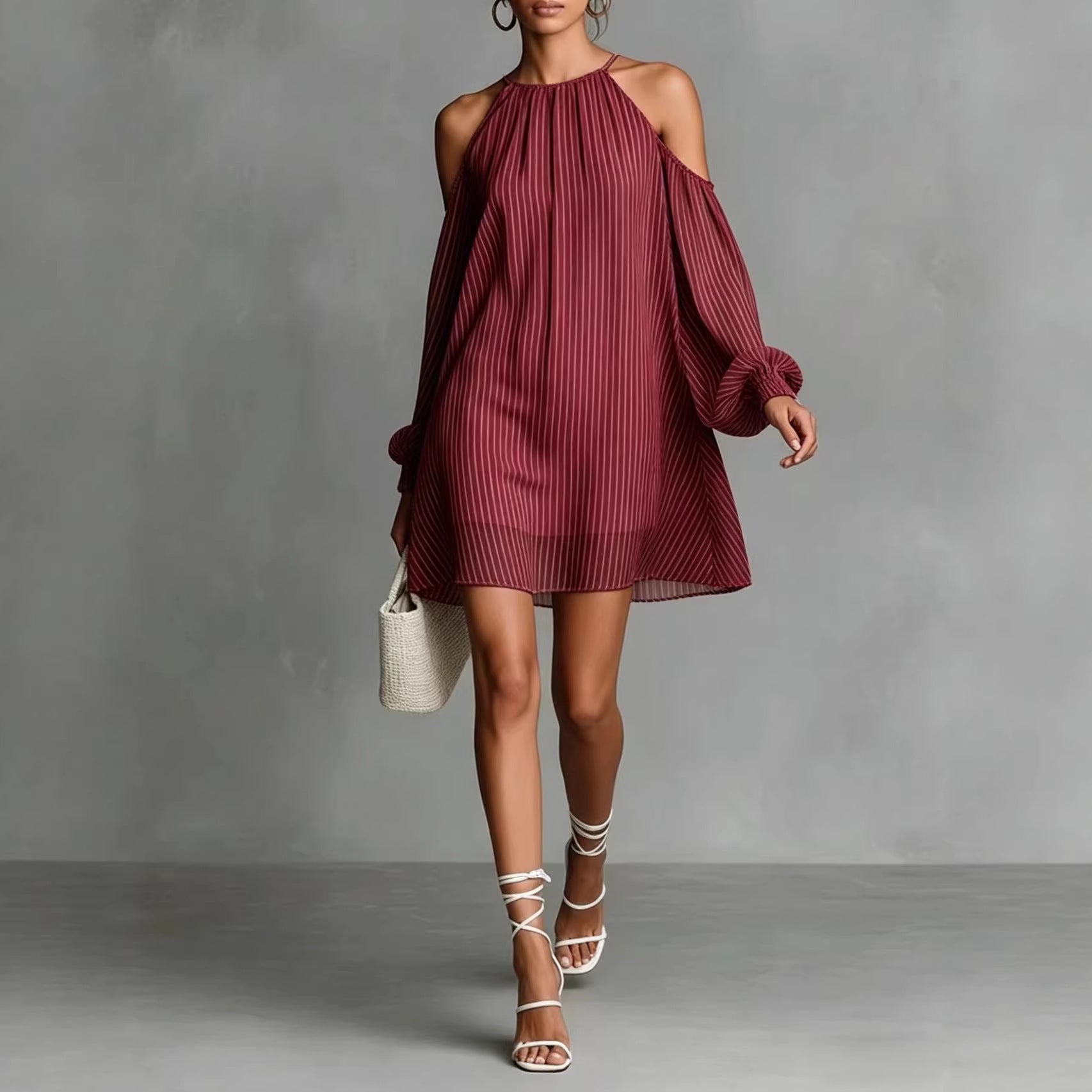 Robe courte à manches longues rayée pour femmes