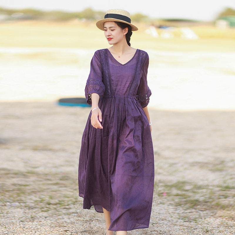 Confortable et modeable Simple à sept manches Style artistique Robe en dentelle Long Col V F
