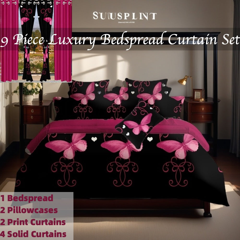 9-Piece violet et papillon noir couvre-lit et rideau