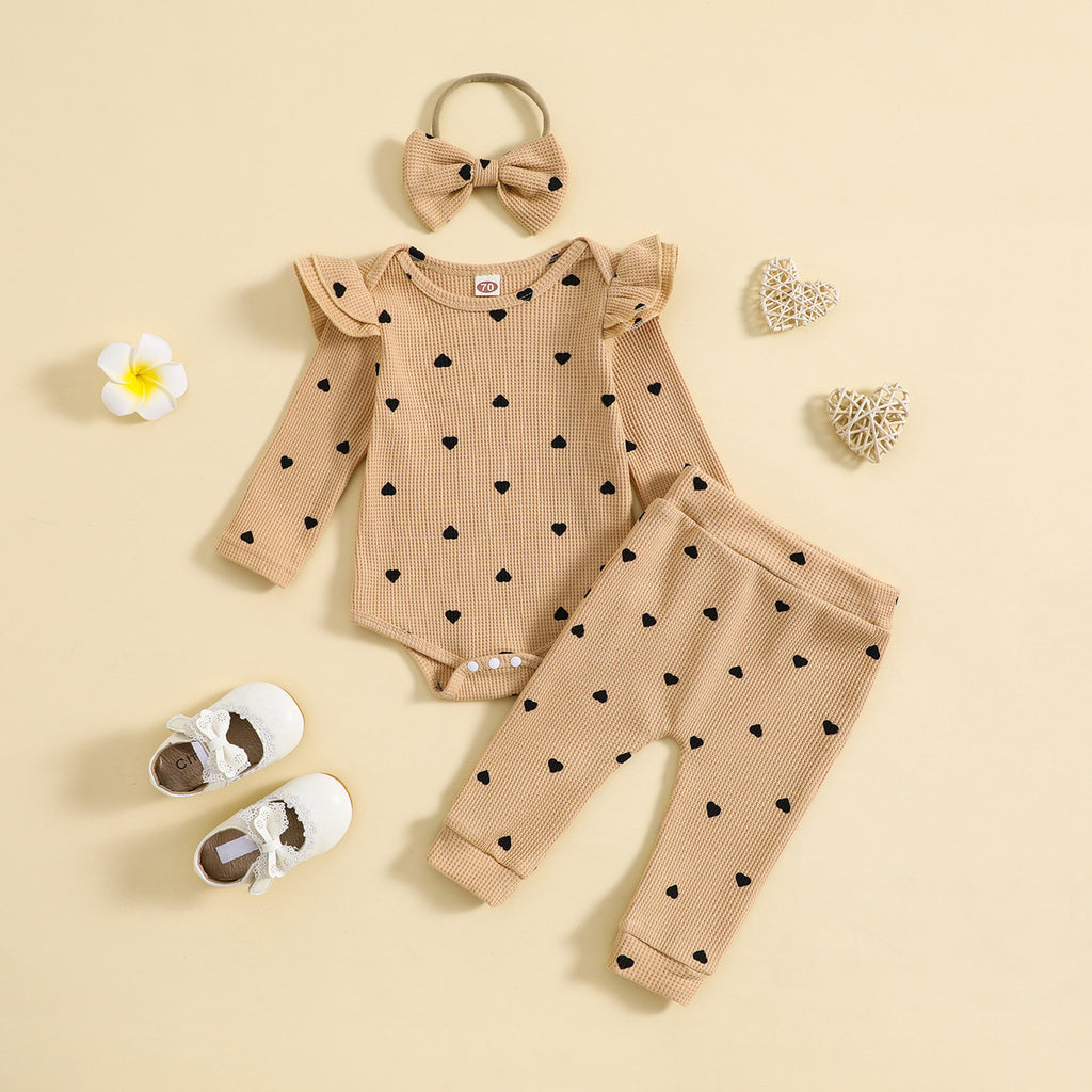 Printemps et automne Suit Heart Printing Waffle Sweat à manches longues Pantalon Pantalon Bande de cheveux Trois