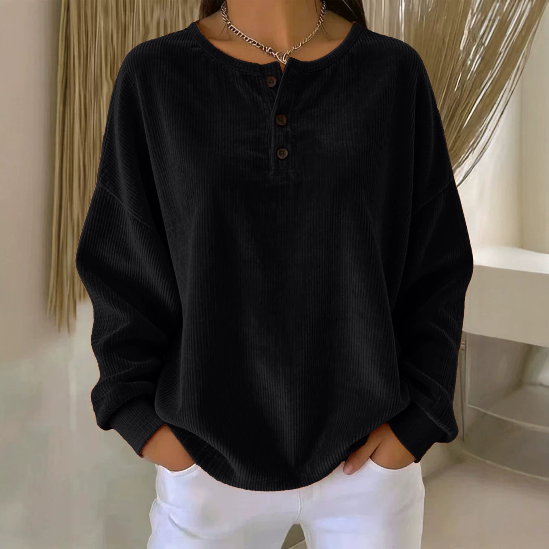 Sweat-shirt à boutons en couleur unie pour femmes