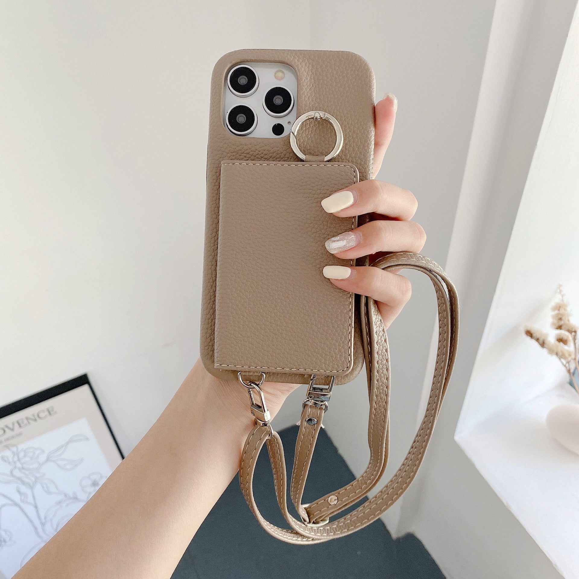 Motif Lychee Gauche et Droite Ouvert Miroir Beauté Étui de téléphone Lanyard