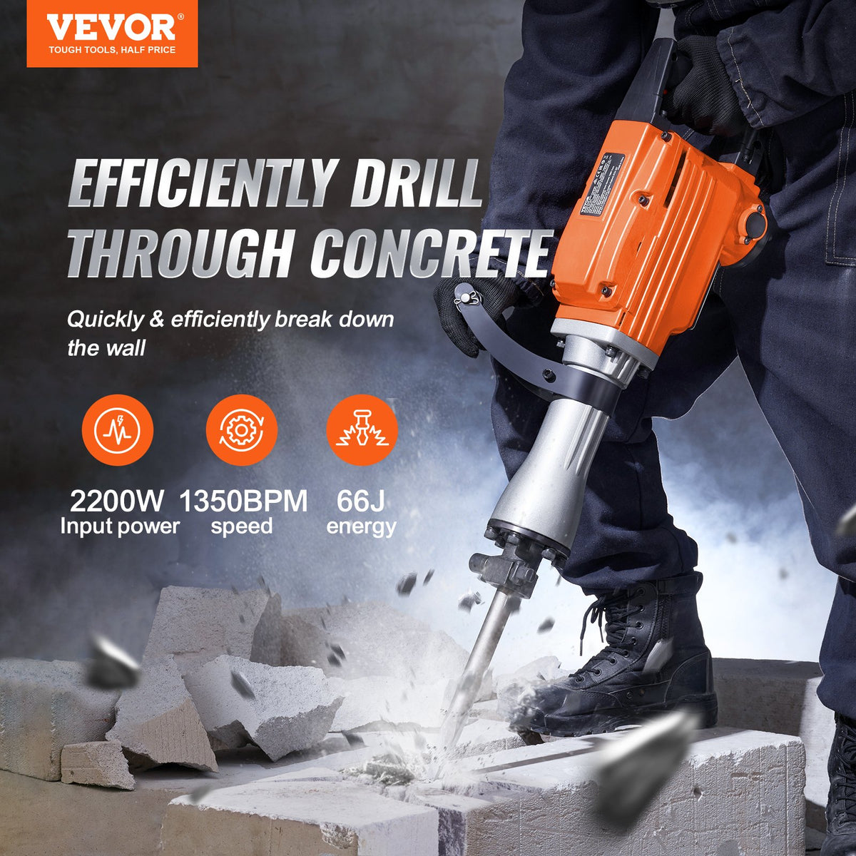 Démolition Jack Hammer Concrete Breaker 2200W Hammer électrique 2 chisel Bits