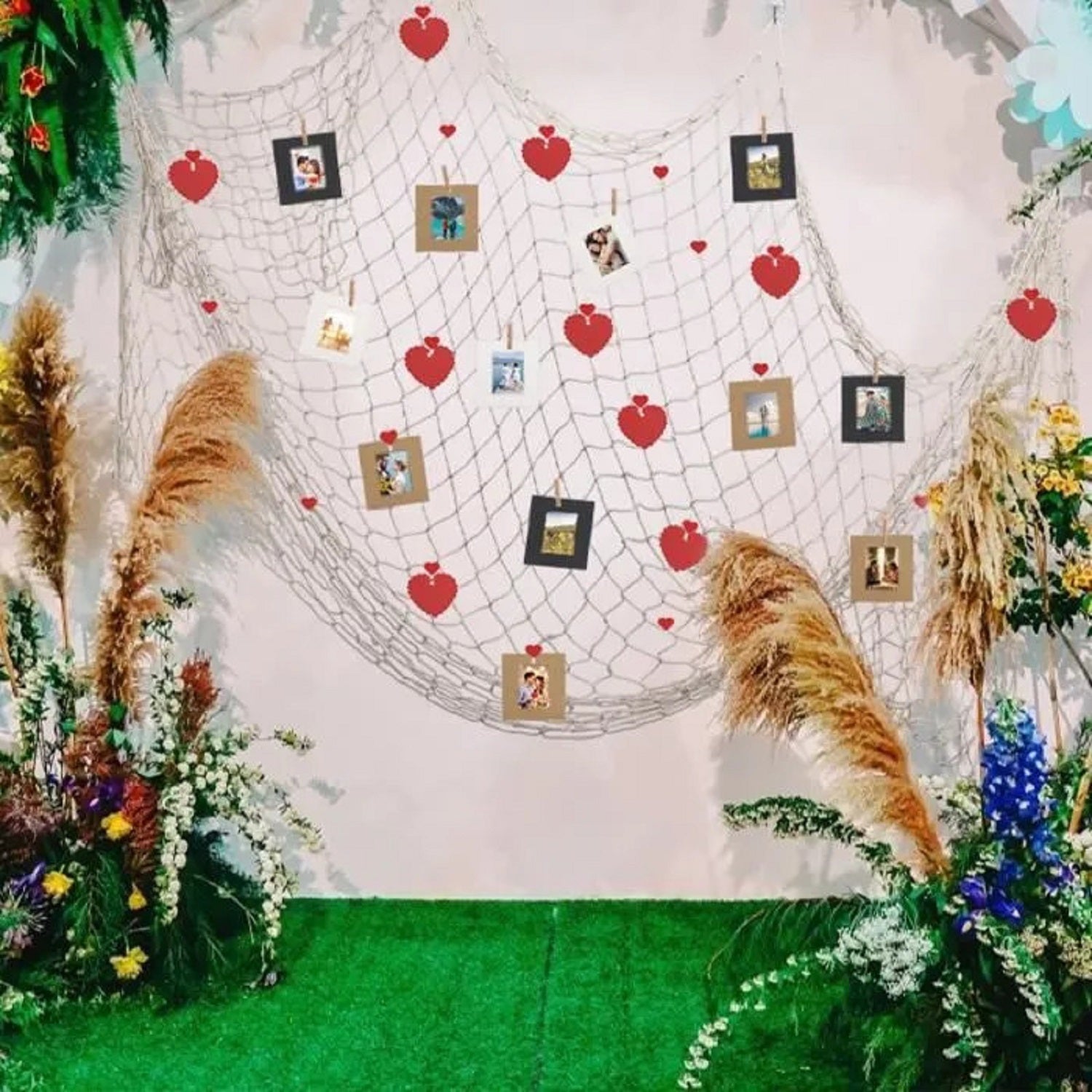 Jeu d'affichage photo du filet de pêche - 100x200 Cm Net avec clips cardiaques et cadre pour décoration murale - P
