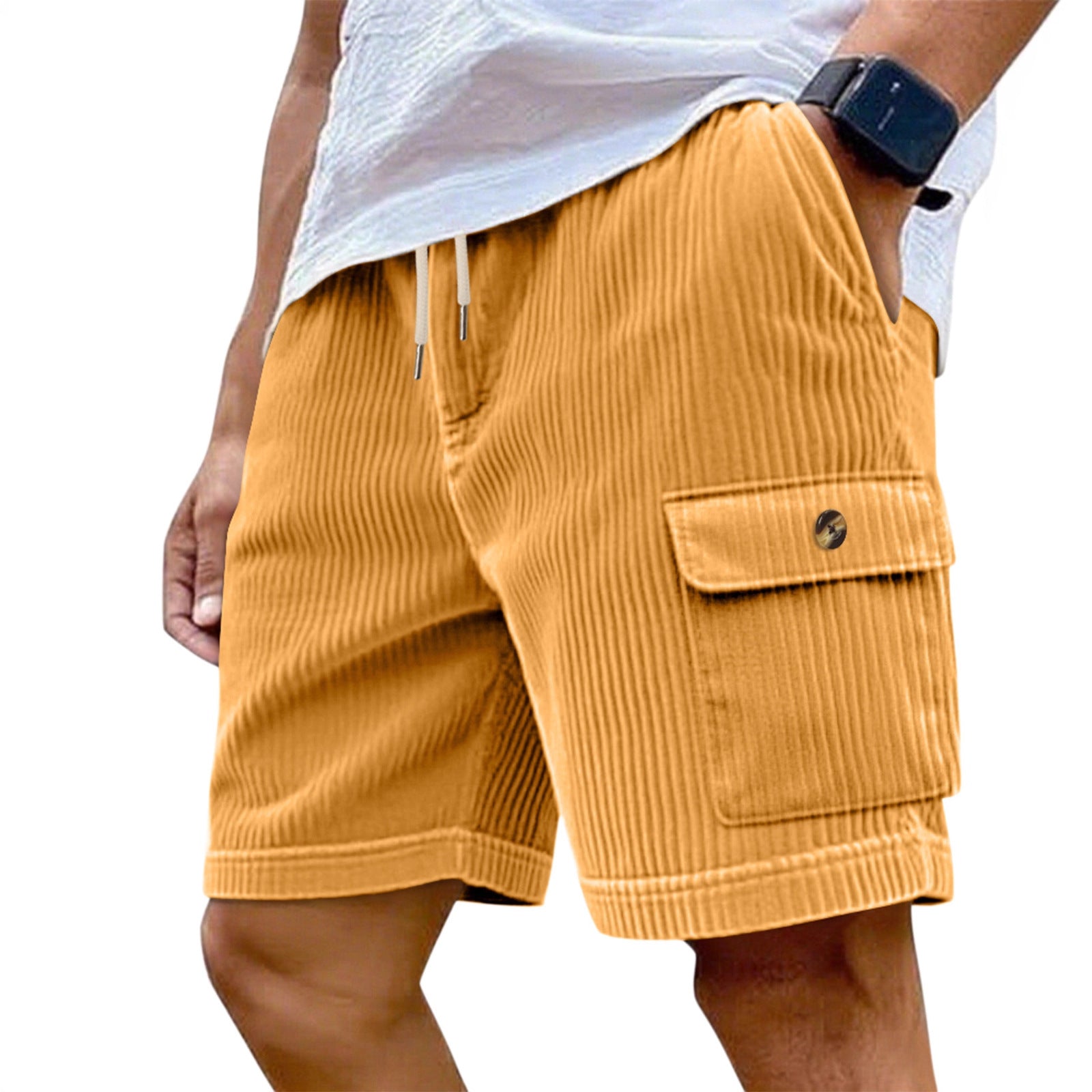 Été Corduroy Multi-Pocket Cinq points Short sport homme Dentelle-Up Casual Voiture de couleur solide
