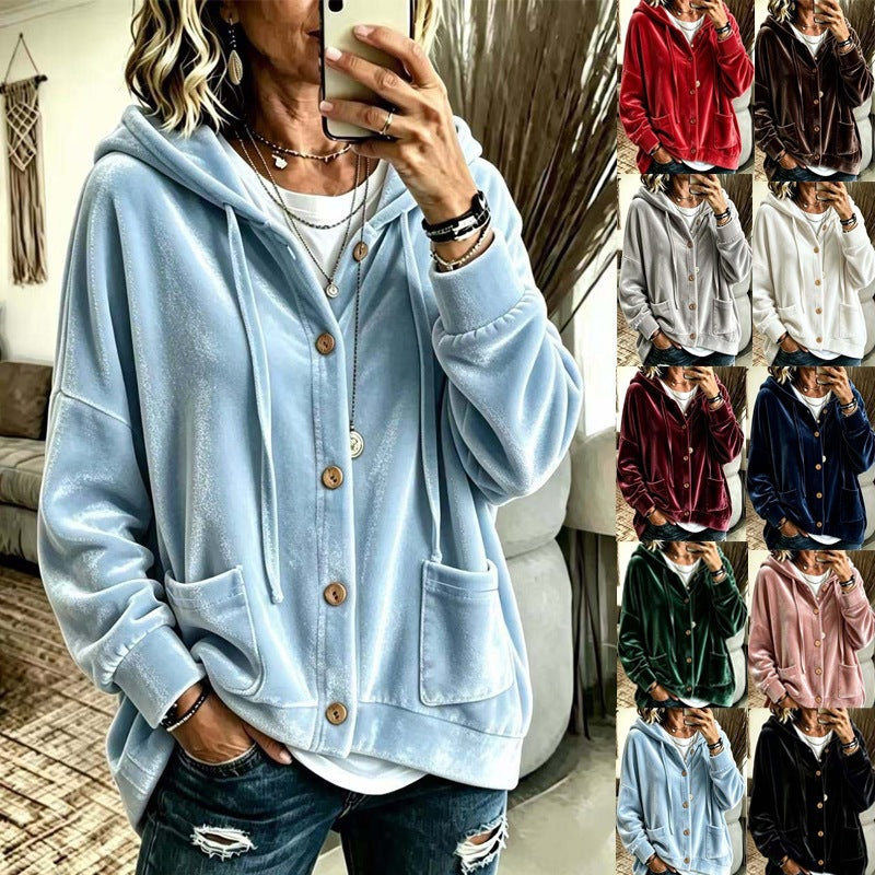 Femmes Automne Veau d'hiver Hoodie Cardigan Bouton avant cordon drawstring manches longues Casual Loose