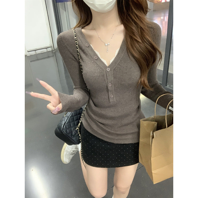 Début Automne Style coréen Élégant col V Boutonné Slim-fit Long-Sleeve Top